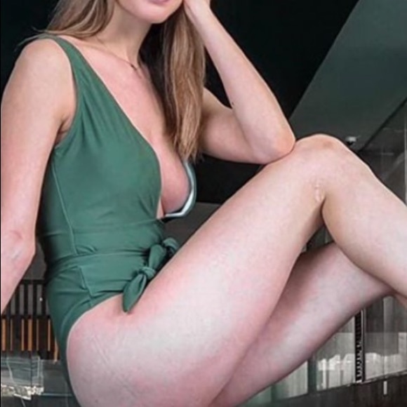 Olive Green Lined Plunging Neckline One Piece Swimsuit - Picture 2 of 12